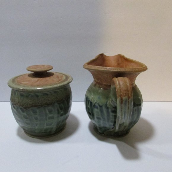 vtg green glazed pottery sugar bowl and creamer set nature tones boho table set - Picture 3 of 8